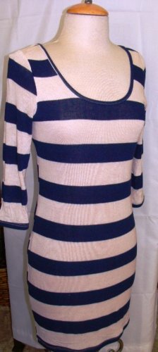HELLO MISS NAVY/BEIGE STRIPE SHEATH 3/4 SLEEVE DRESS SIZE SM, MED, L