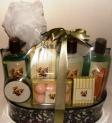 VINTAGE FLOWER 8 PC BATH SET W/ METAL CARRIER