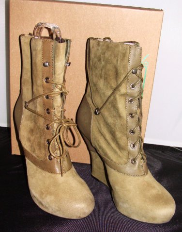 BACIO 61 NATURA OLIVE GREEN LACE SUEDE WEDGE MID-CALF BOOTIE WOMEN'S SIZE 7.5