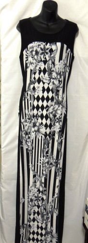 SYMPHONY SLEEVELESS BLK/WHT PRINT MAXI DRESS PLUS SIZE 1X, 2X, 3X