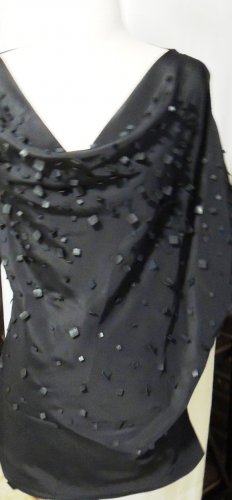 BLACK SLEEVELESS COWL NECK LEATHER SQUARES DECORATED TOP SIZE LG