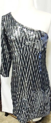 ALBERTO MAKALI ASYMMETRICAL SILVER & BLACK COCKTAIL DRESS SIZE 8, 10