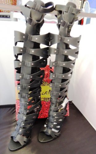 MACHI BLACK HIGH HEEL CAGED STUDDED KNEE-HIGH STRAPPY GLADIATOR SANDAL BOOTS SIZES; 6, 7, 8, 8.5