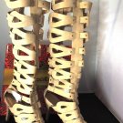 MACHI TAN HIGH HEEL CAGED STUDDED KNEE-HIGH STRAPPY GLADIATOR SANDAL BOOTS SIZES; 6, 8, 8.5 MACHI TAN HIGH HEEL CAGED STUDDED KNEE-HIGH STRAPPY GLADIATOR SANDAL BOOTS SIZES; 6, 8, 8.5