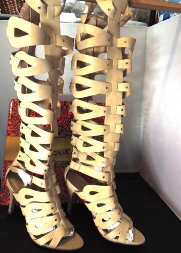 MACHI TAN HIGH HEEL CAGED STUDDED KNEE-HIGH STRAPPY GLADIATOR SANDAL BOOTS SIZES; 6, 8, 8.5