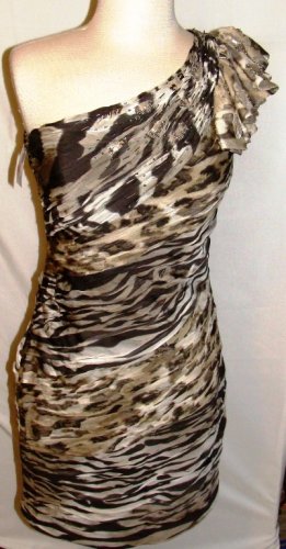 ALBERTO MAKALI BROWN ONE SHOULDER COCKTAIL DRESS W/ SCARF SIZE 4, 8