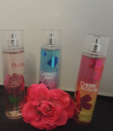 BATH & BODY WORKS MIXED 3 PC CHERRY BLOSSOM, CARRIED AWAY, & PEONY BODY MIST SET