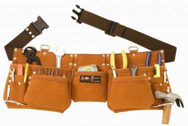 9 Pocket Suede Leather Contractors Tool Pouch Bag Belt