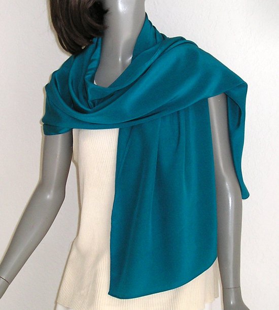Teal Blue Shawl Wrap, Turquoise Coverup, Pure Silk Crepe, Evening Stole ...