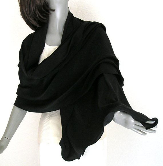 Black Shawl Silk Large Wrap, Natural Pure Crepe Silk Luxurious Evening ...