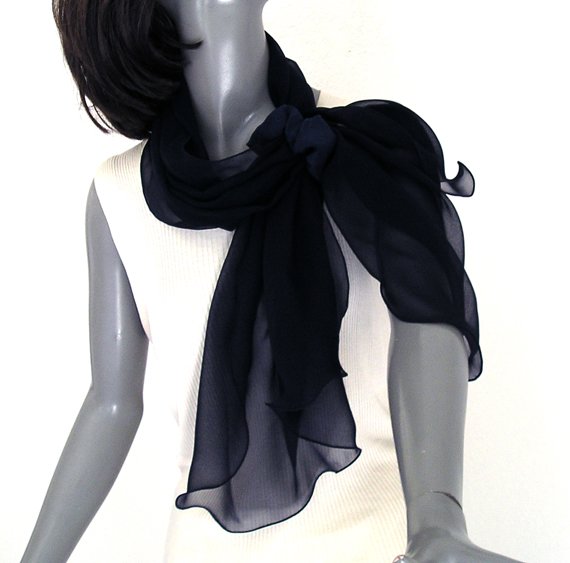 Navy Blue Silk Shawl Wrap, Pure Natural Chiffon, 20