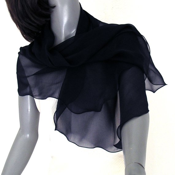 Navy Blue Silk Shawl Wrap, Pure Natural Chiffon, 20