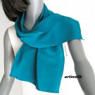Turquoise Teal Cyan Blue Scarf Crepe Pure Silk, Small Oblong, Artisan Handmade, Artinsilk.
