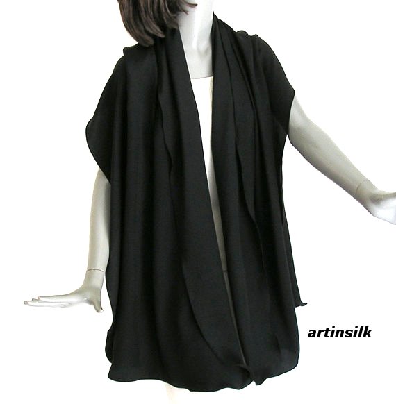Black Shawl Silk Large Wrap, Natural Pure Crepe Silk Luxurious Evening