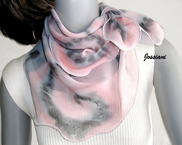 Hand Painted Silk Chiffon Gray Pink Quartz Small Neck Scarf Kerchief, Unique JOSSIANI creation