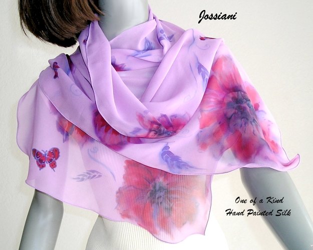 Hand Painted Silk Shawl Chiffon Lavender Red Purple Gray Scarf, Unique JOSSIANI creation.