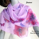 Hand Painted Silk Shawl Chiffon Lavender Red Purple Gray Scarf, Unique JOSSIANI creation.