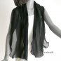 Black Long Scarf, Sheer Silk Sash, 100% Silk Natural Chiffon, Oblong Wavy Scarf, Artinsilk.