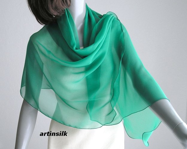 Emerald Silk Shawl, Green Wrap, Chiffon Coverup, Natural Silk Chiffon, Artisan Handmade