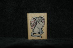 COMOTION WINGED CAT WOOD MOUNTED RUBBER STAMP