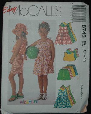 McCall's 8743 SEWING PATTERN FOR CHILDREN'S DRESS ROMPERS, TOP AND PULL-ON SHORTS