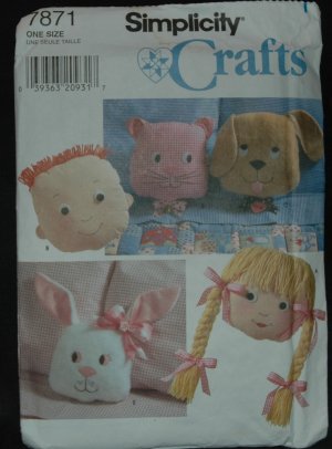 SIMPLICITY 7871 SEWING PATTERN FOR CAT, DOG, BUNNY, BOY AND GIRL PILLOW 11"