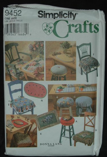 SIMPLICITY 9452 CRAFT SEWING PATTERN FOR CHAIR PADS & PLACE MATS