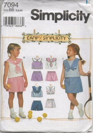 SIMPLICITY 7094 SEWING PATTERN FOR CHILD'S SET OF TOPS & SHORTS SX 5-6X