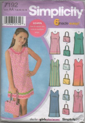 SIMPLICITY 7192 SEWING PATTERN FOR GIRLS'/ GIRLS' PLUS DRESS & PURSE SZ 7-14