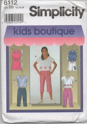 SIMPLICITY 8112 GIRLS' TOP AND CAPRI PANTS OR SHORTS SIZE 12,14,116