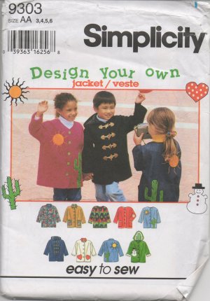 SIMPLICITY 9303 SEWING PATTERN FOR CHILD'S JACKET size 3,4,5,6