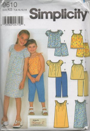 SIMPLICITY 9610 SEWING PATTERN FOR CHILD'S AND GIRLS' TOPS, DRESS AND PANTS OR SHORTS