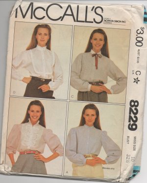 MCCALLS 8229 MISSES' SHIRT Size 10
