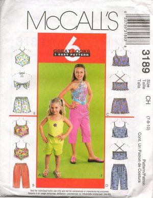 MCCALLS 3189 CHILDRENS' & GIRLS' TOP, PULL ON CAPRI PANTS OR SHORTS