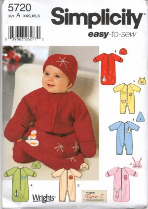 SIMPLICITY 5720 SEWING PATTERN FOR BABY BUNTING, ROMPER & HATS  SZ 1 MOS - 6 MOS