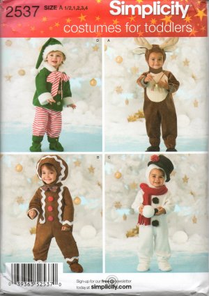 SIMPLICITY 2537 SEWING PATTERN-TODDLERS' CHRISTMAS OUTFITS, REINDEER, ELF, GINGERBREAD BOY, SNOWMAN