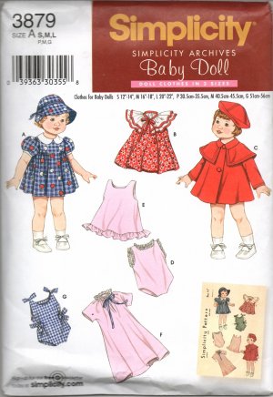 Simplicity 3879 SEWING PATTERN FOR WARDROBE FOR BABY DOLLS IN THREE SIZES