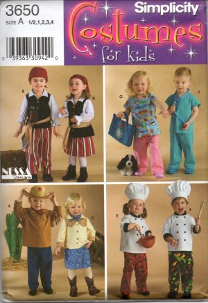 SIMPLICITY 3650 PATTERN FOR TODDLERS' COSTUMES, COWBOY/GIRL,  PIRATE, DOCTOR, NURSE, CHEF  SZ 1/2 -4
