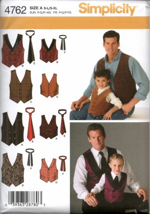 SIMPLICITY 4762 SEWING PATTERN FOR MEN'S & BOYS VESTS & TIES