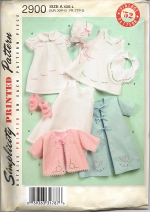 SIMPLICITY 2900 SEWING PATTERN FOR BABIES' LAYETTE AND BONNET IN 3 SIZES