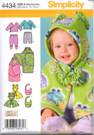SIMPLICITY 4434 SEWING PATTERN FOR BABIES' TOP, PANTS, CAPELET, BIB,  BLANKET WRAP, SZ 1 MO - 18 MOS