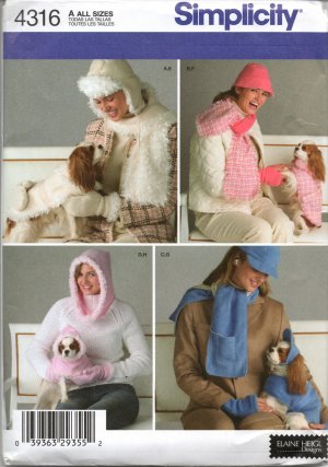 SIMPLICITY 4316 SEWING PATTERN FOR MISSES' HATS, SCARF, GLOVES  & DOG CLOTHES