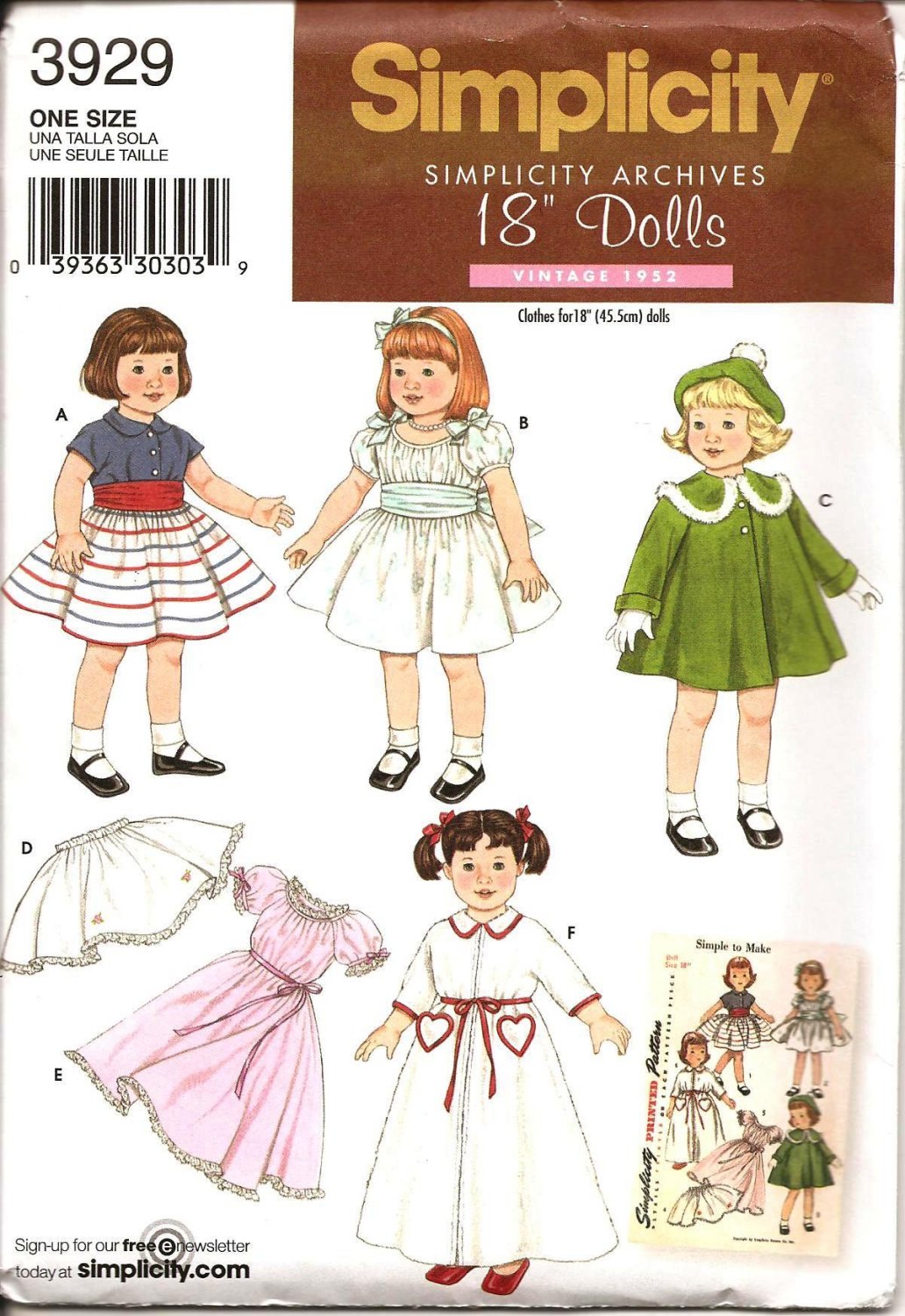 Simplicity 3929 SEWING PATTERN FOR 18" Doll  Clothes
