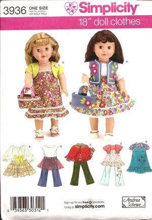 Simplicity 3936 Craft Sewing Pattern for 18" Dolls Clothes.