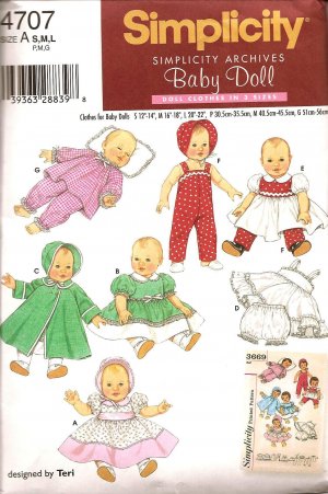 Simplicity 4707 Craft Sewing Pattern for Baby Doll clothes SZ 12"-14, 16"-18", 20"-22"