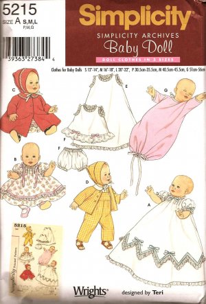 Simplicity 5215 Craft Pattern for 12" to 22" Doll Clothes.