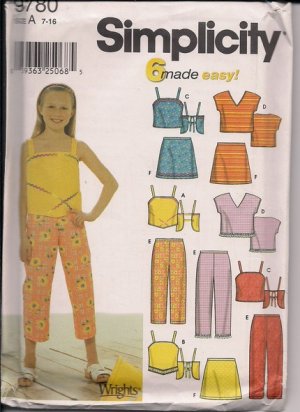 SIMPLICITY 9780 SEWING PATTERN FOR GIRLS' TOP, CAPRI PANTS & SKIRT