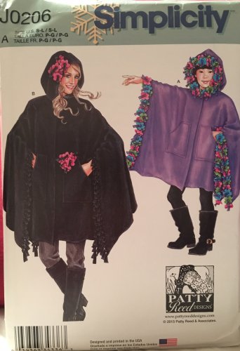 SIMPLICITY J0206,  PATTERN FOR CHLD/GIRLS & MISSES' FLEECE PONCHOS  CHLD SZ 4-14, MS'  SZ 10-20