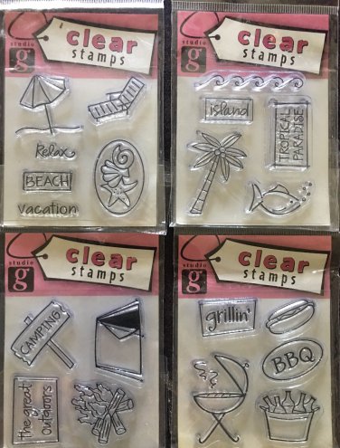 Studio G  Lot of 4 Clear Stamps pkgs - Vacation, Grilling, Tropical Island and Camping