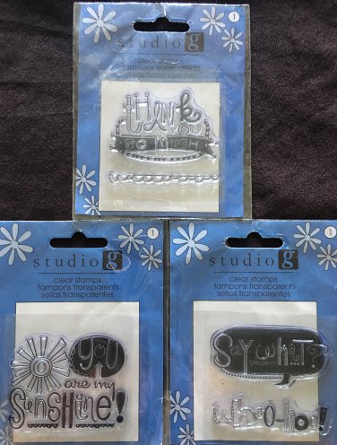 Studio G  Lot of 3 Clear Stamps pkgs - Thanks so much, Say What, You are my Sunshine